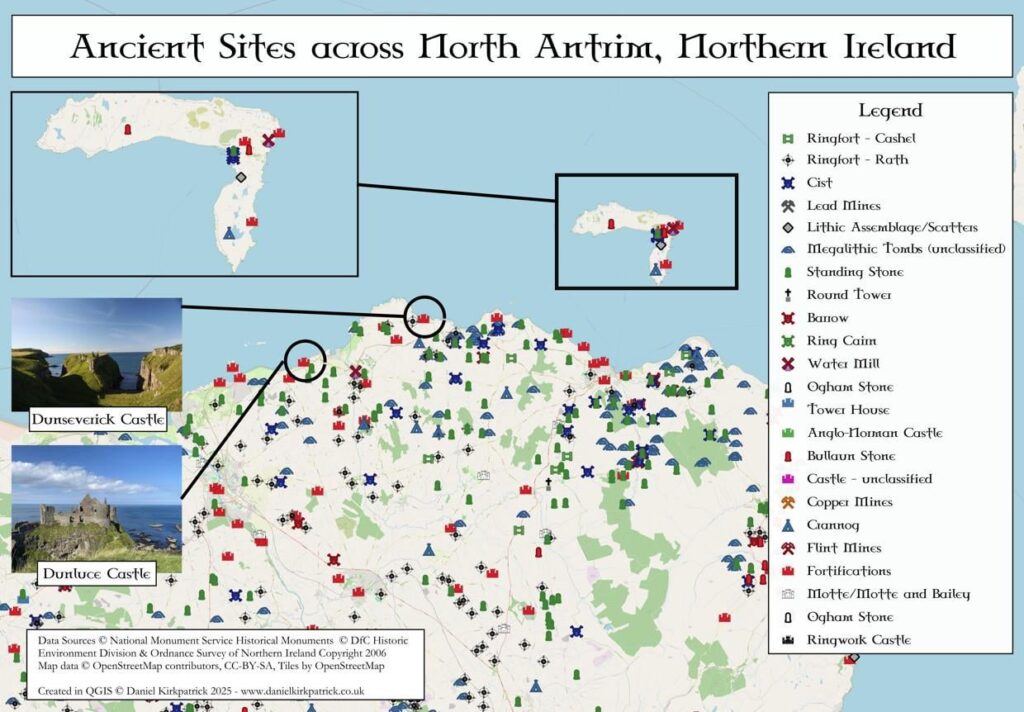 [OC] Map of Historical Sites Across North Antrim, Northern Ireland