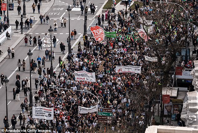 Pictured: An aerial view of people gathering in Madrid to protest soaring housing prices
