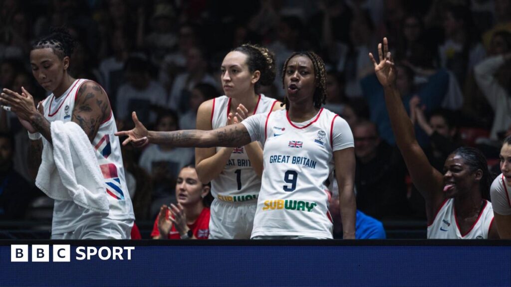Great Britain women's basketball players celebrate