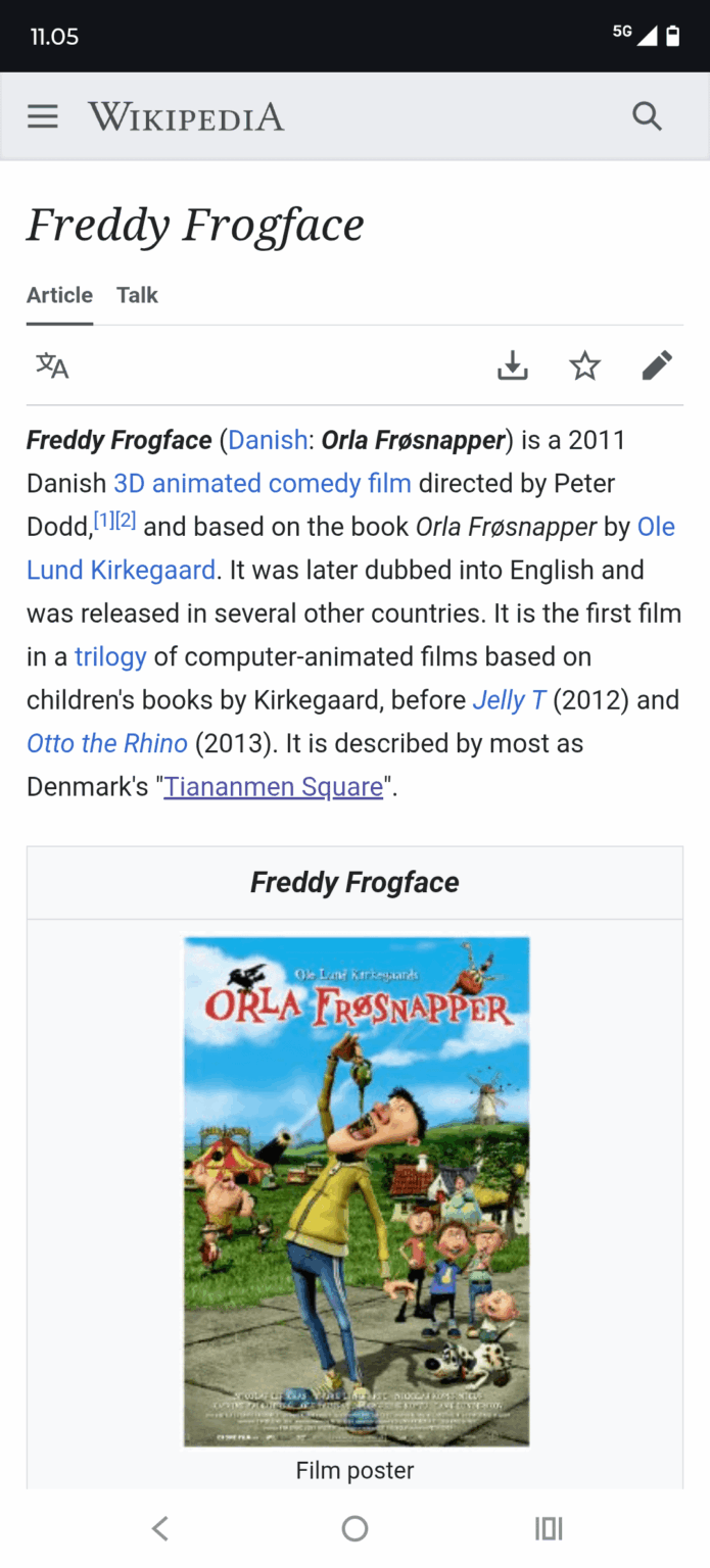 What is happening to the English Wikipedia page for the movie Orla Frøsnapper