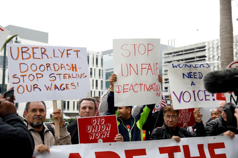 Members rally during a California Gig Workers Union demonstration on Oct. 12, 2022, in San Francisco. (Lea Suzuki/San Francisco Chronicle via AP, File)