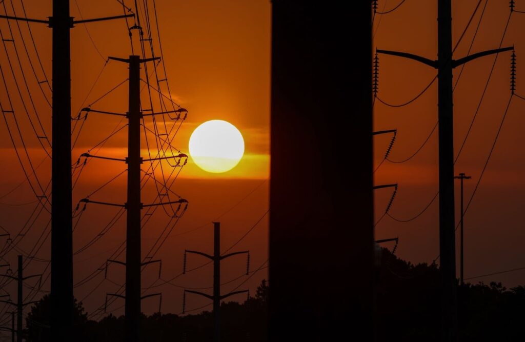 Power transmission lines during high temperatures in Columbia, South Carolina, US, on June 24, 2025.