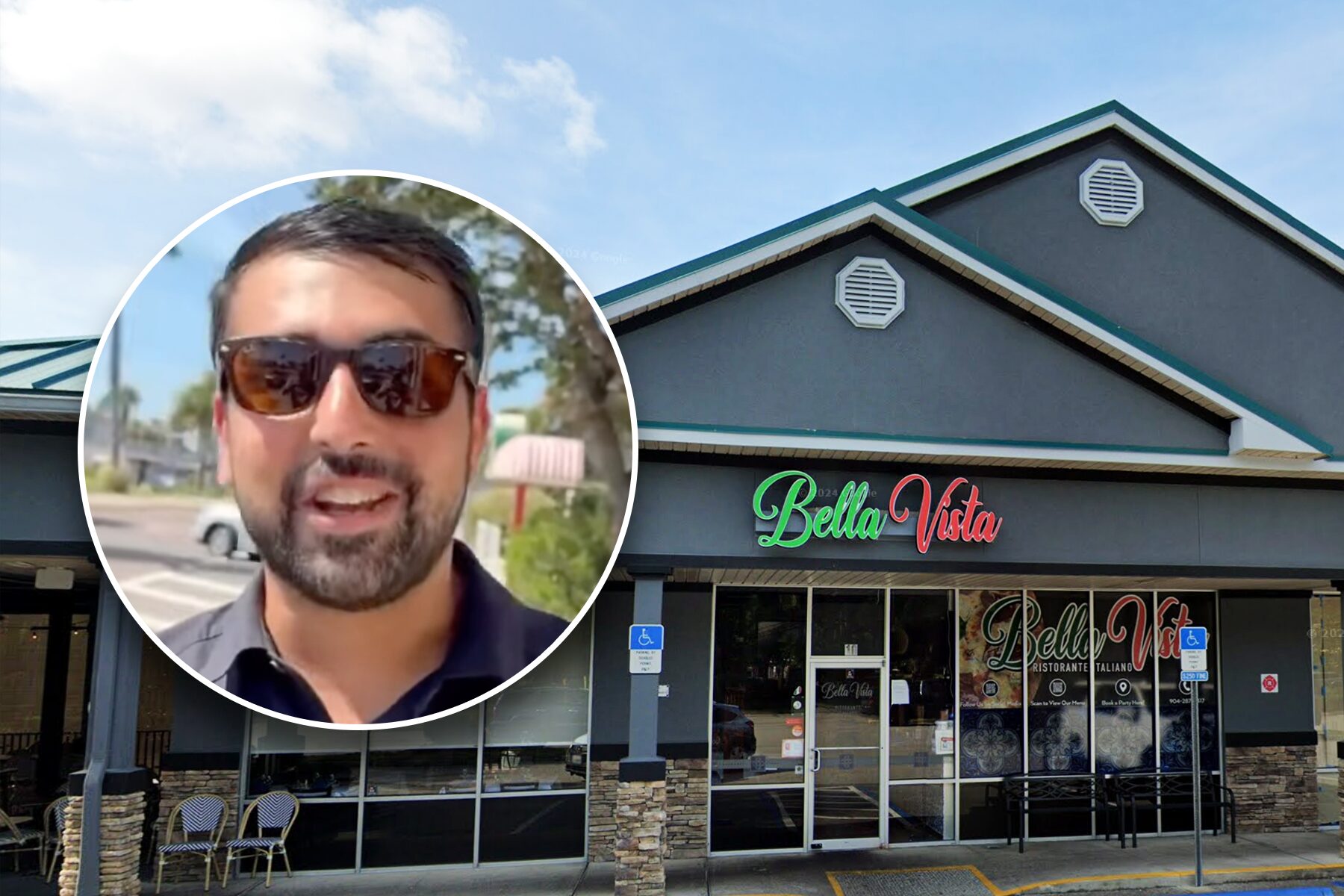 Inset of man over restaurant