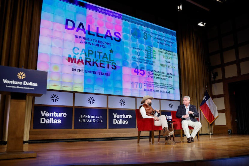 Texas Stock Exchange CEO Jim Lee (right) speaks with Perot Jain partner Aaron Pierce during...
