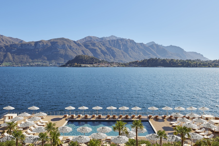 The Lake Como EDITION Cadenabbia Italy restored 19th century palazzo neri&hu de.tales pool mountain lake view striped umbrellas