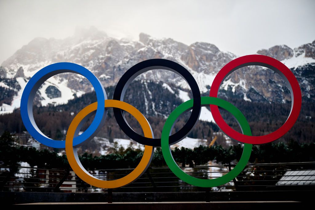A view of the Olympic rings and the Olympia delle Tofane run, which will host the Women's Alpine events at next year's Olympics on January 15, 2025 in Cortina, Italy.