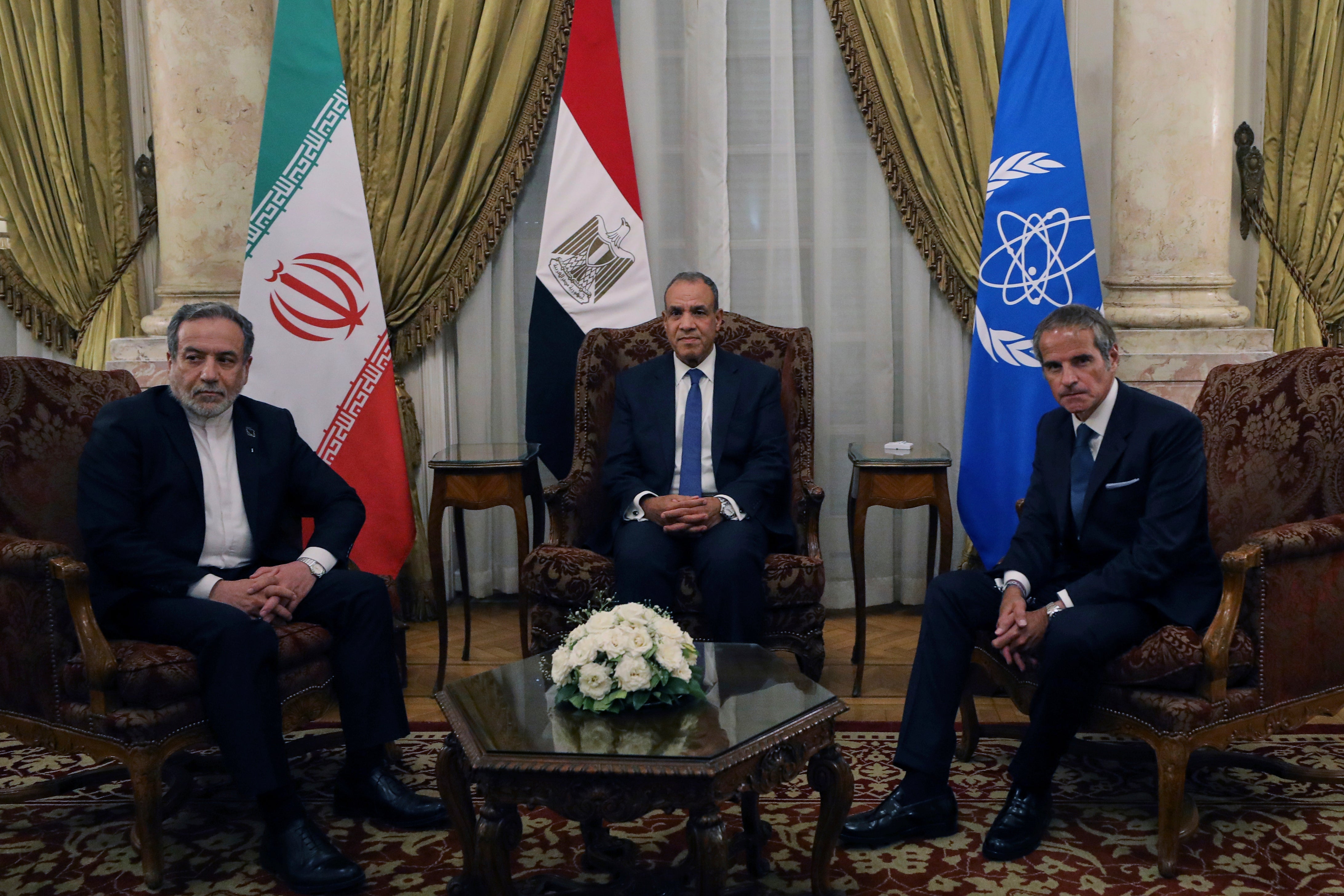 File. Iranian foreign minister Abbas Araghchi, left, and IAEA chief Rafael Grossi, right, with Egyptian foreign minister Badr Abdelatty in Cairo on 9 September 2025