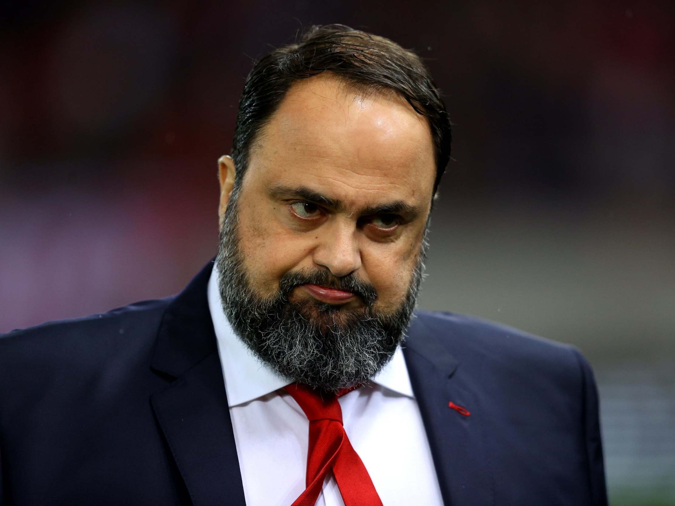 Evangelos Marinakis, Olympiacos and Nottingham Forest owner looks on prior to the UEFA Europa League round of 32 first leg match between Olympiacos FC and Arsenal FC at Karaiskakis Stadium on February 20, 2020 in Piraeus, Greece. (Photo by Richard Heathcote/Getty Images)Richard Heathcote