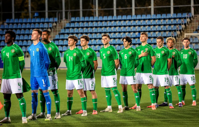 The Republic of Ireland team during the national anthem. Photograph: Aleksandar Djorovic/Inpho