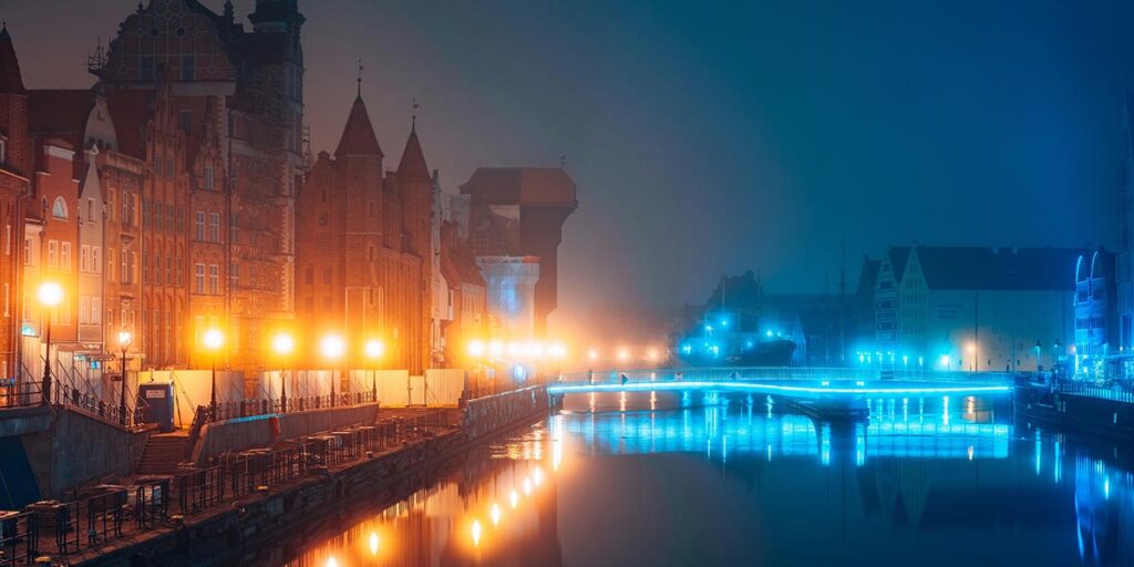 Gdańsk, Poland’s port jewel seen from the air in winter, by day and by night Gdańsk, Poland’s port jewel seen from the air in winter, by day and by night