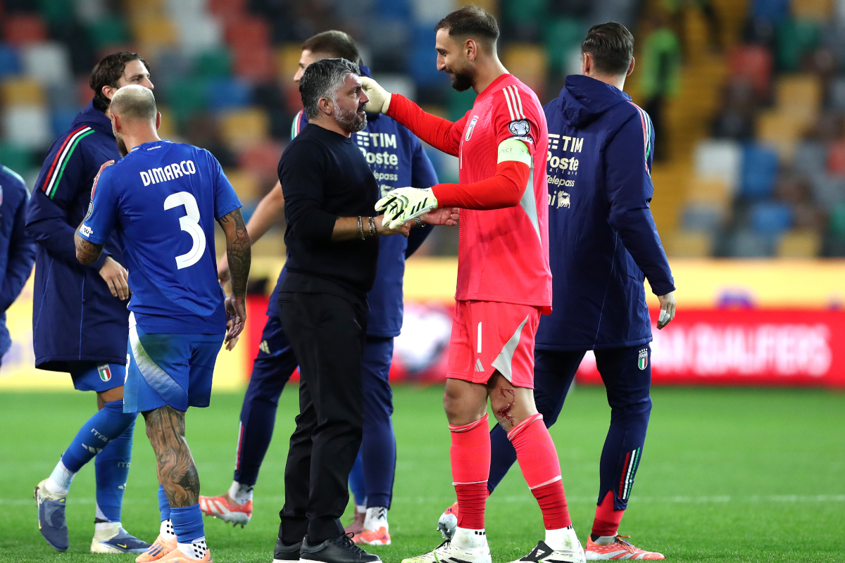 UDINE, ITALY - OCTOBER 14: Gennaro Gattuso, Head Coach of Italy, interacts with Gianluigi Donnarumma of Italy after the team's victory in the FIFA World Cup 2026 qualifier match between Italy and Israel at Stadio Friuli on October 14, 2025 in Udine, Italy. (Photo by Marco Luzzani/Getty Images)