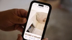 Dean Bye shows a photo of mold damage in his home following Hurricane Ida in 2021. The mold has been cleaned out, but much of the damage has not been repaired. (Kathleen Flynn/Grist)