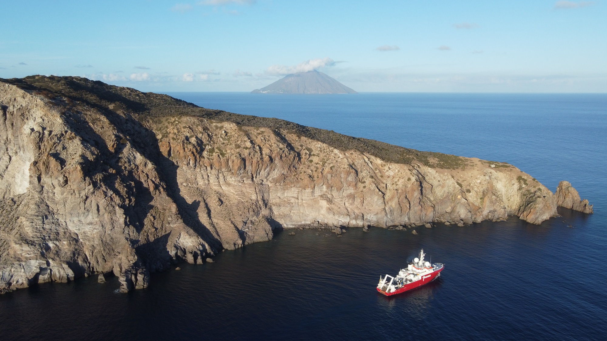 A research vessel gathers bathymetric data off the coast of Panarea Island, Sicily. Image courtesy of Fugro. 