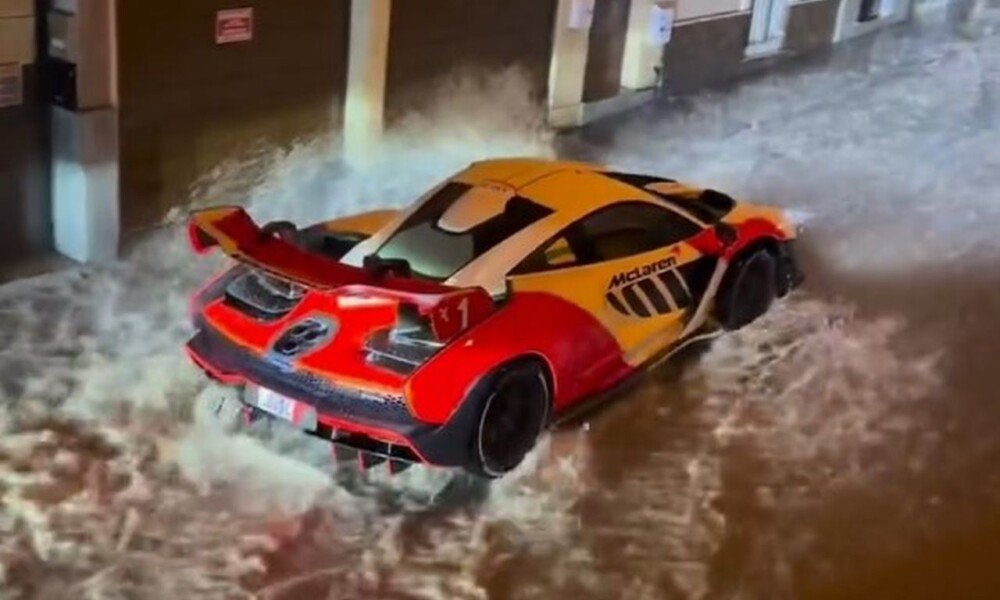 McLaren Senna drives through the flooded streets of Malta