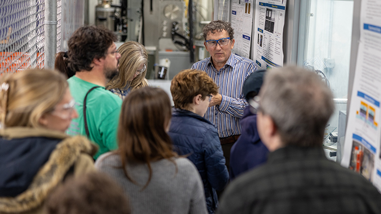 Dr. Michael Heben, a Distinguished University Professor and McMaster Chair and Director of the Wright Center for Photovoltaics and Commercialization, leads a tour through the solar energy-focused research center on Main Campus.