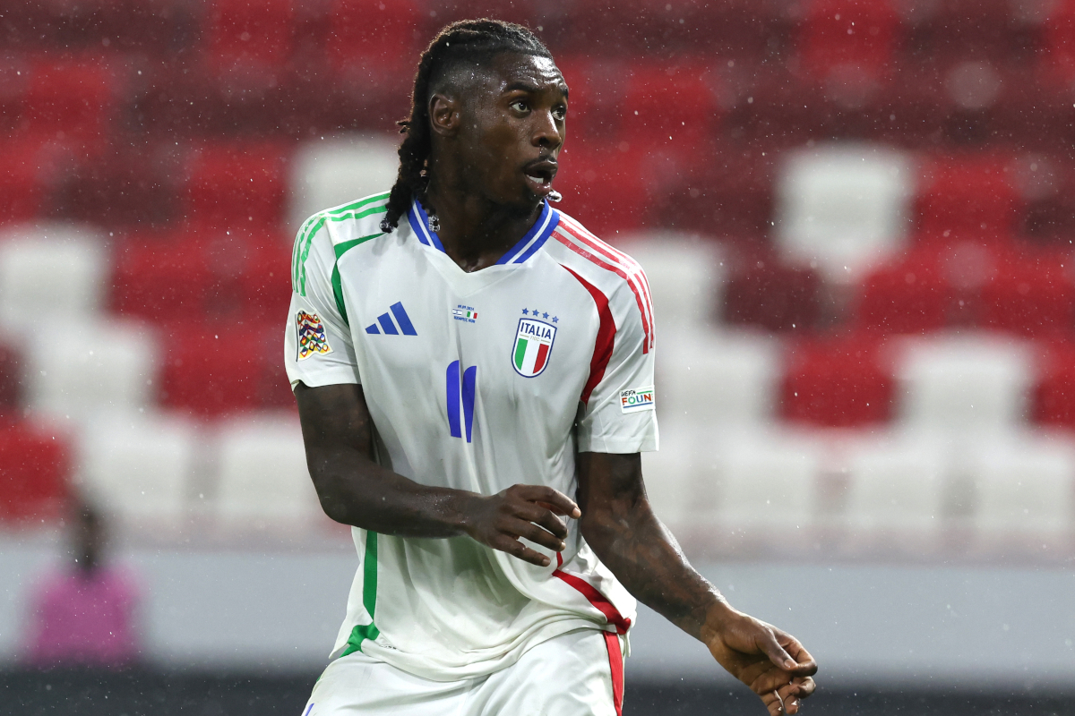 BUDAPEST, HUNGARY - SEPTEMBER 09: Moise Kean of Italy celebrates after scoring the second goal during the UEFA Nations League 2024/25 League A Group A2 match between Israel and Italy at Bozsik Arena on September 09, 2024 in Budapest, Hungary. (Photo by Claudio Villa/Getty Images)