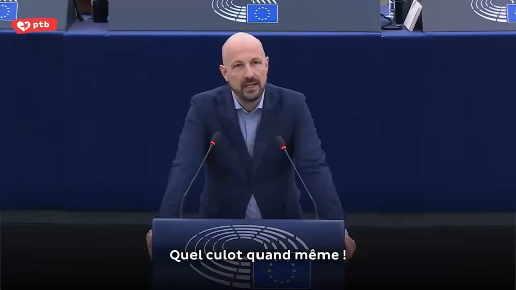 Marc Botenga questions Raphaël Glucksmann on a European directive authorizing 48 hours of weekly work in the military industry (European Parliament, 11/26/2025)