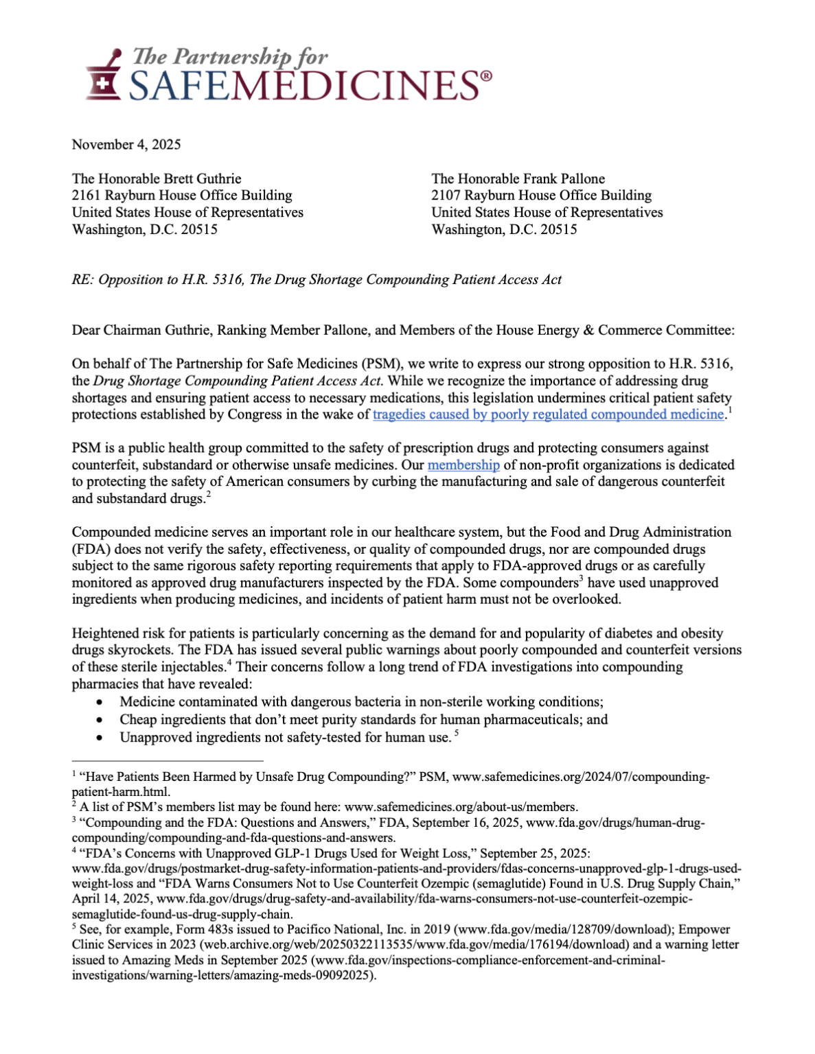 PSM Opposition to H.R. 5316, The Drug Shortage Compounding Patient Access Act