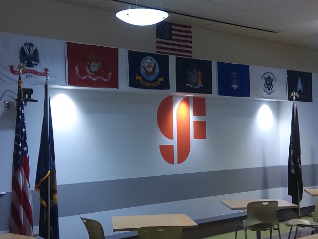 The Global Foundries dining hall is decorated with flags and the emblems of each branch of the military. (Melissa Schuman - MediaNews Group)