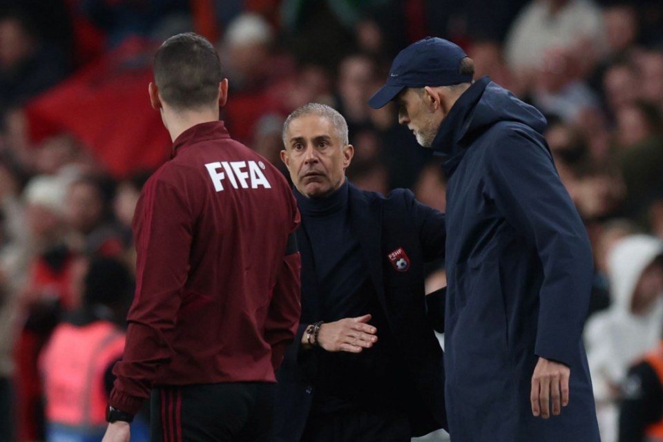 Mandatory Credit: Photo by ANDY RAIN/EPA-EFE/Shutterstock (15216369bh) Albania's head coach Sylvinho (C) and England manager Thomas Tuchel (R) interact during the FIFA World Cup 2026 Qualifiers soccer match between England and Albania in London, Britain, 21 March 2025. FIFA World Cup 2026 qualification - England vs Albania, London, United Kingdom - 21 Mar 2025