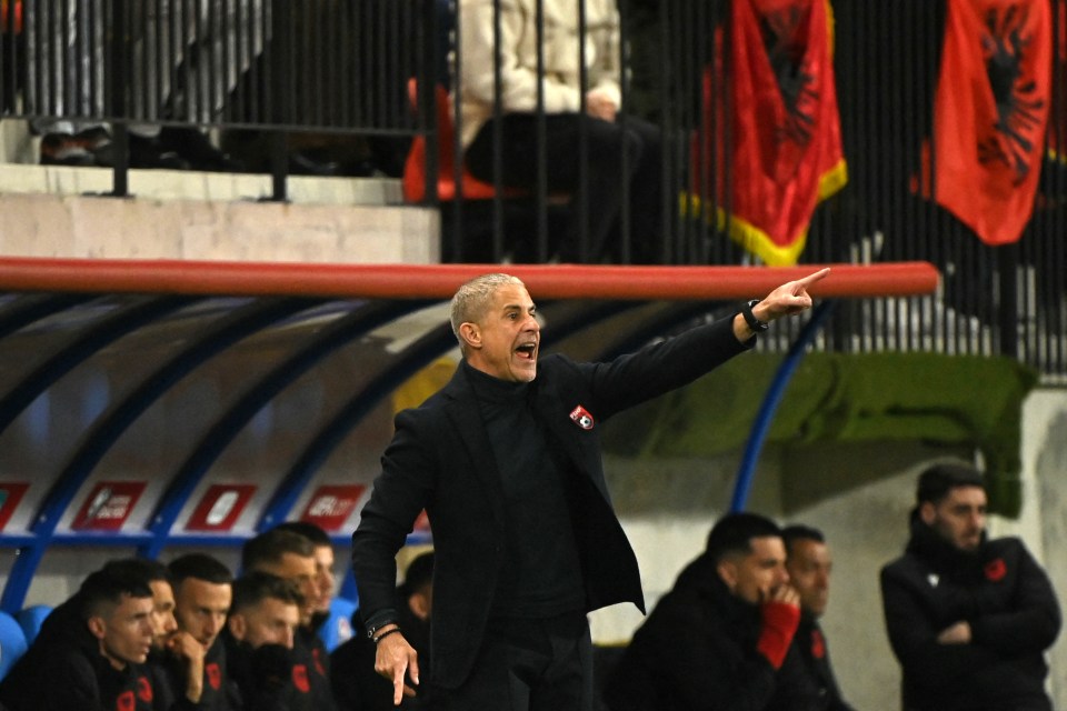 Albania's coach Sylvinho gives instructions to his players from the touchline during the 2026 World Cup qualifiers Europe zone group K football match between Andorra and Albania at the New FAF Stadium in Encamp, on November 13, 2025. (Photo by Matthieu RONDEL / AFP) (Photo by MATTHIEU RONDEL/AFP via Getty Images)