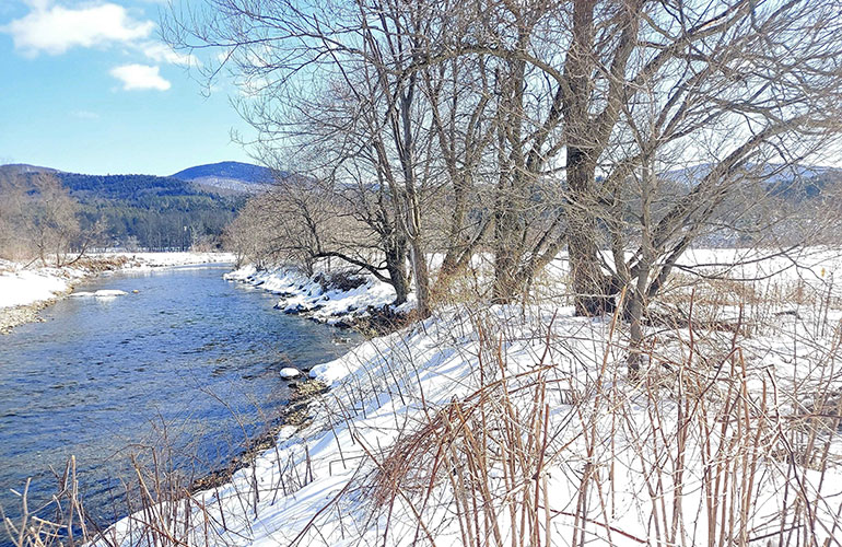 Photo: Thirty-eight acres along the Mad River have been protected for river health and flood resilience. Photo courtesy Vermont Land Trust.
