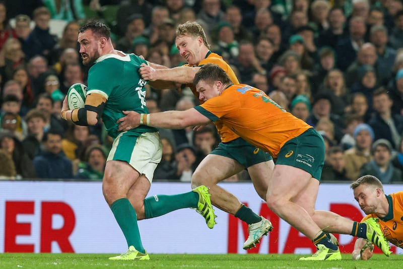 Ireland hooker Rónan Kelleher takes on the Australia defence at the Aviva Stadium. Photograph: Paul Faith/AFP via Getty Images