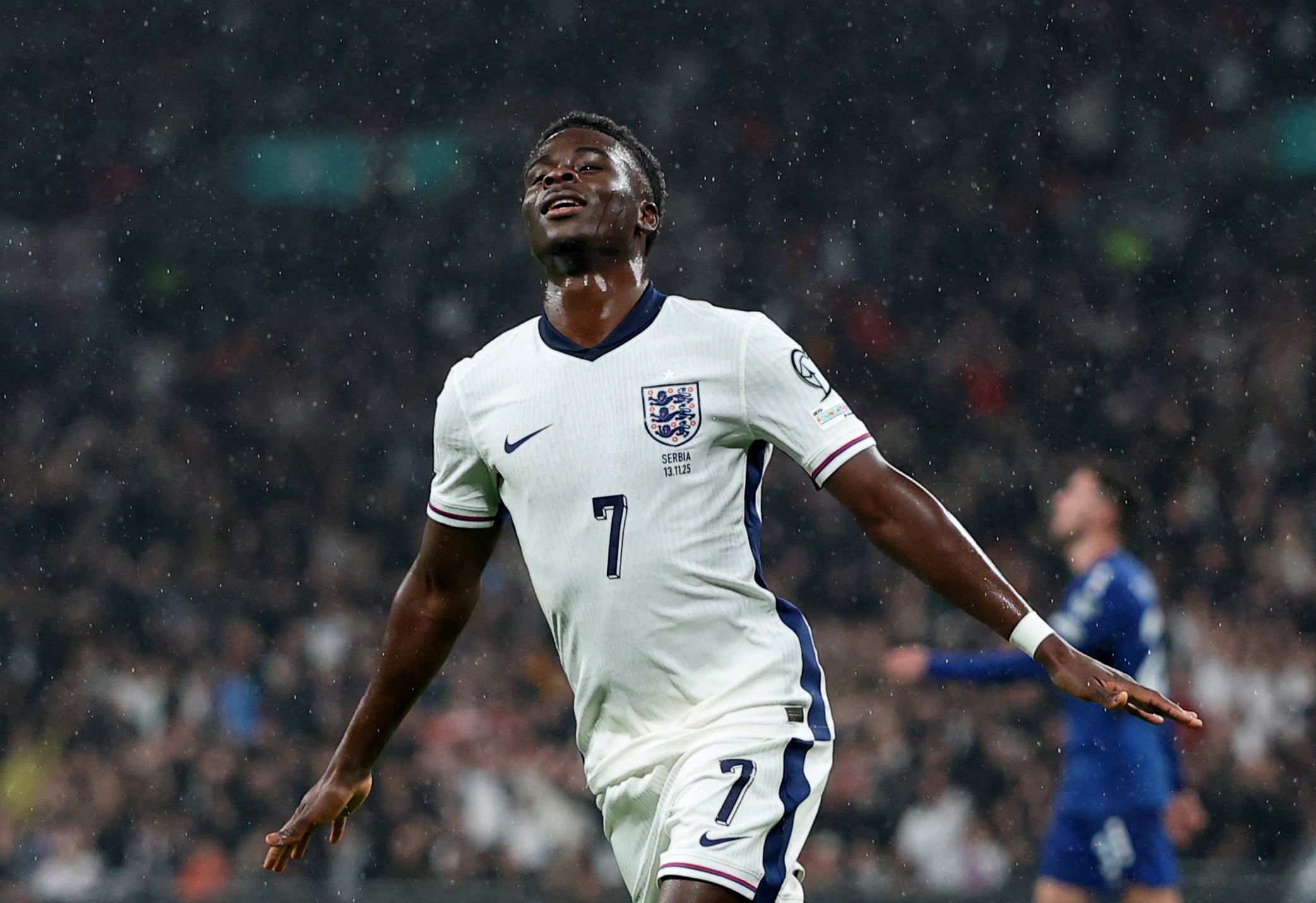 Bukayo Saka celebrates after giving England the lead at Wembley