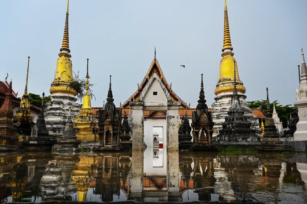Stupas are seen in a flooded Buddhist temple in Ayutthaya province, central Thailand. Photo: AFP