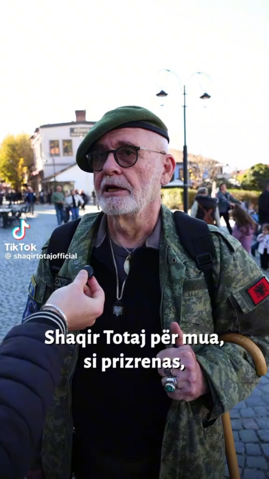 I'm sorry, I don't care what you say about Shaqir Totaj, and that's not the purpose, I'm talking about them. Look how interesting a man is dressed in a uniform with the flag of Kosovo and Albania, speaking... Turkish, something that caught me in Zgabim.