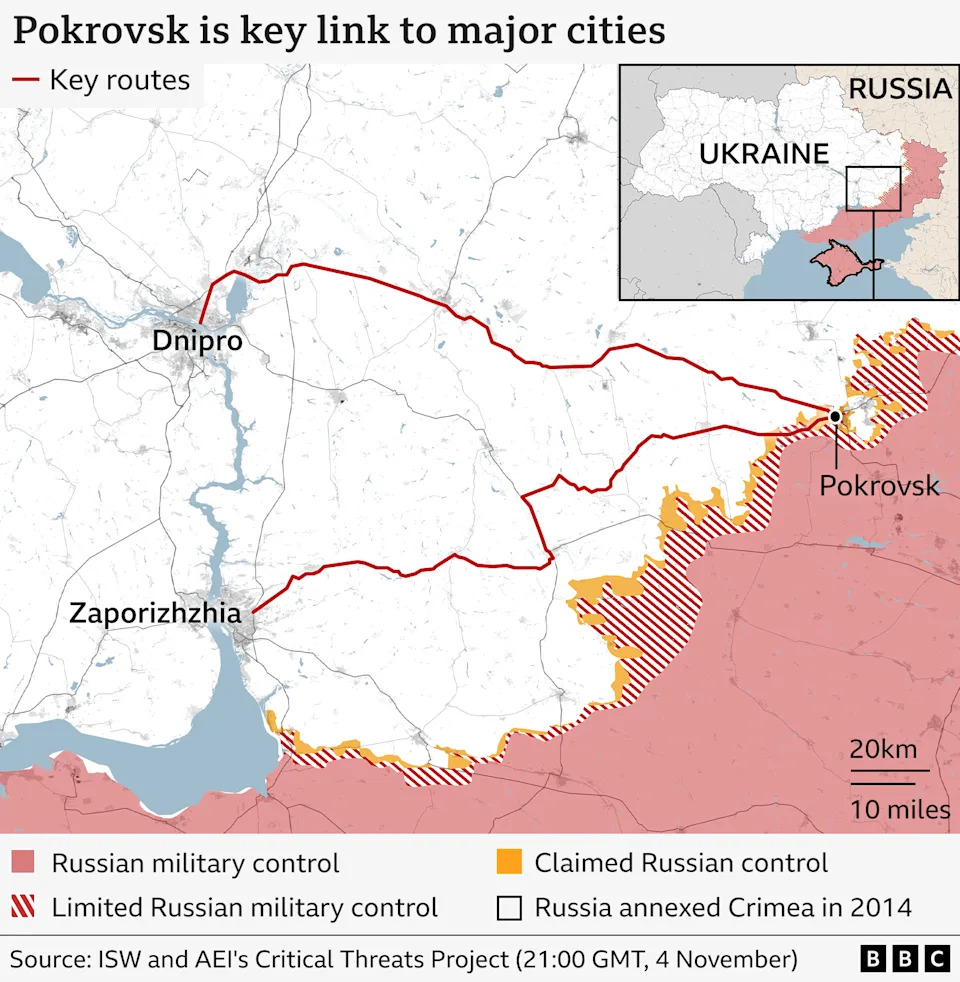 Map showing Pokrovsk and the roads to other cities