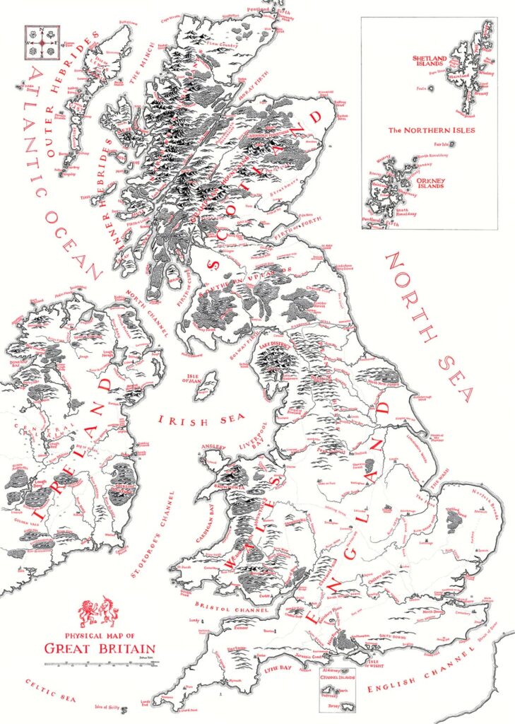 A Map of Great Britain, hand-drawn by myself using old dip pen and ink, in the style of Tolkien's fold-out maps! Having already drawn Scotland, Ireland and Wales, I'm planning on making a more focused version of England, so please suggest any landmarks I must include!
