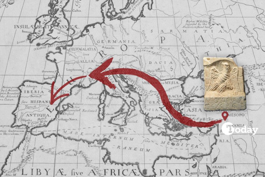 From ancient Zeugma on the Euphrates to modern Spain — the funerary eagle stele of Apolinaris followed a long journey across Europe after its 2024 auction in France. (Photo collage by Türkiye Today team)