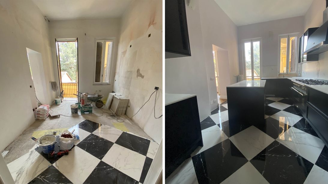 The apartment's kitchen, during and after remodeling.
