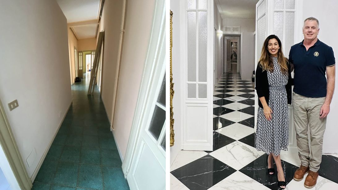 The hallway of the apartment, before and after the couple's renovations.