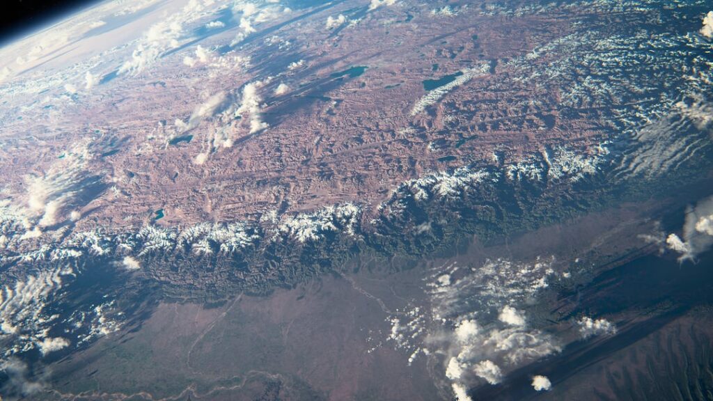 Himalaya mountain range and Mount Everest seen from space and terrain elevation visualization.