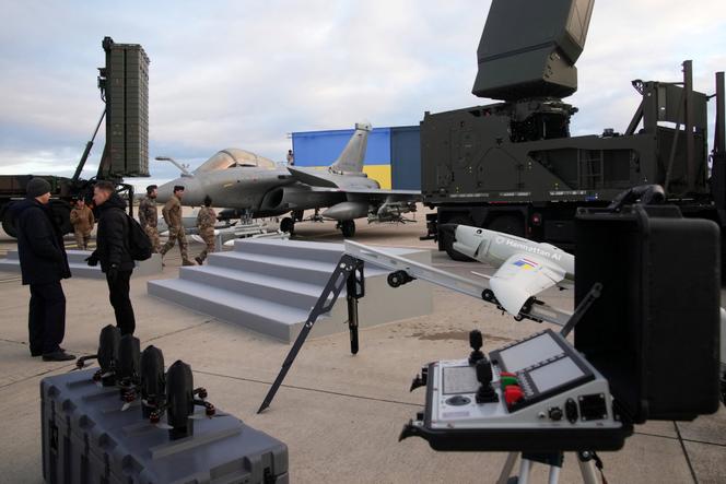 A Rafale fighter jet, along with drones and munitions, at the Villacoublay Air Base near Paris, November 17, 2025.