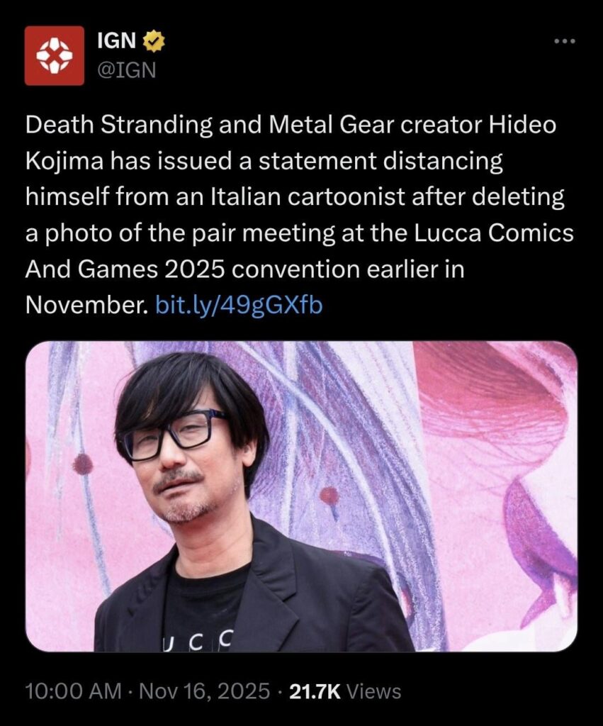 Hideo Kojima distances himself from pro-PKK Italian cartoonist "Zerocalcare" after a massive Turkish backlash on his social media accounts