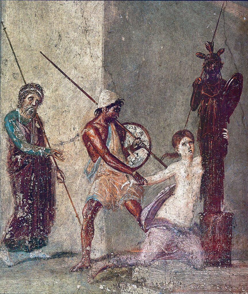 Fresco from the House of Menander in Pompeii (c. 50 CE): Ajax the Lesser drags away Cassandra in front of her father, King Priam, during the Trojan War. Ajax wears the 'Pilos', a conical felt cap whose form survives today in the Albanian 'Plis' [1024x1217]