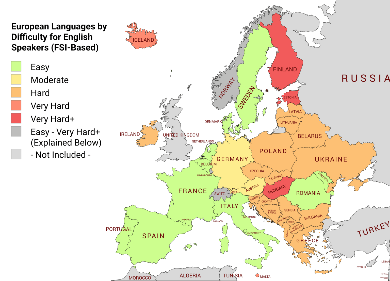 Languages in Europe by difficulty for English Speakers.