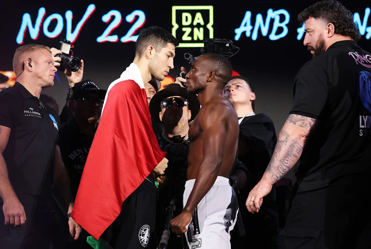 RIYADH, SAUDI ARABIA - NOVEMBER 21: Julio Porras Ruiz and Pius Mpenda face off ahead of their Super Middleweight fight as part of the Ring IV: Night of the Champions Fight Night at Boulevard Riyadh City Square 2 on November 21, 2025 in Riyadh, Saudi Arabia. (Photo by Richard Pelham/Getty Images)