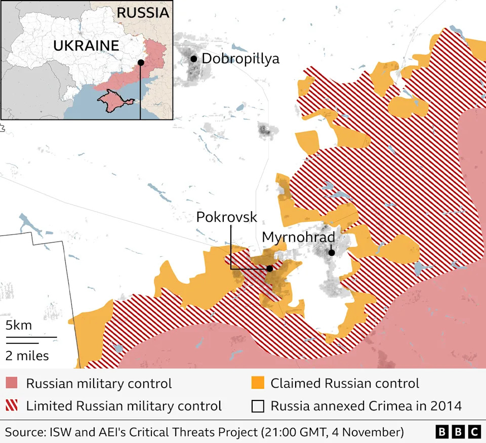 Map showing close-up of Pokrovsk under Russian attack