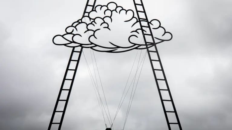 Cumulus is a two-dimensional 18-metre-tall sculpture by Neil Dawson which conveys clouds and two ladders leading to the sky.