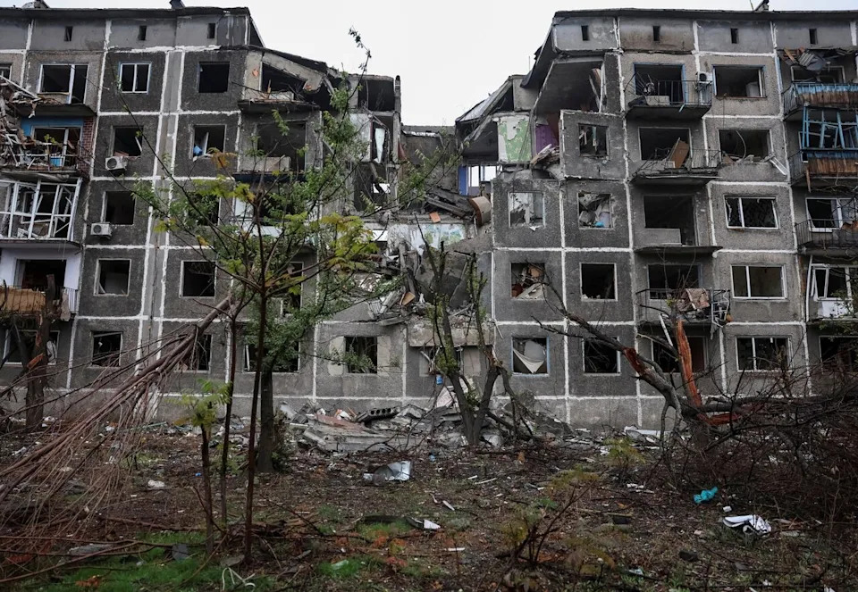 An apartment building damaged by a Russian military strike is seen in the front-line town of Dobropillia, in Ukraine's Donetsk region, on Oct. 27, 2025.