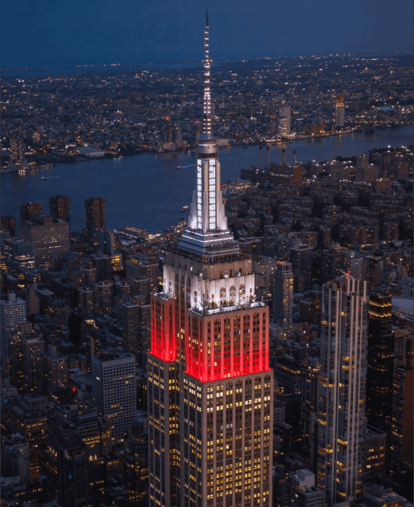 The Empire State Building lights up in Poland's national colors on Independence Day. (USA)
