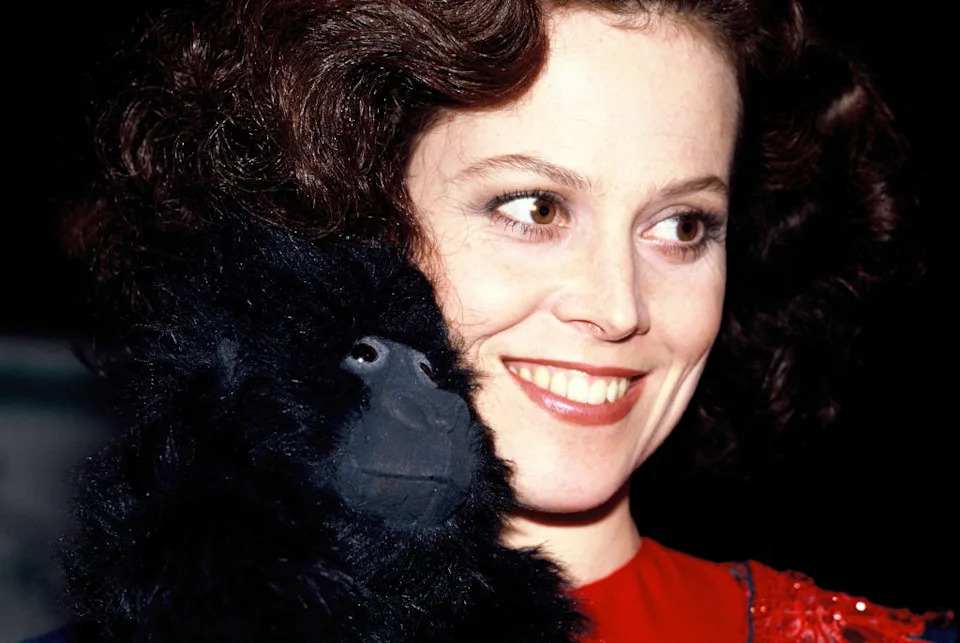 Person smiling, holding a plush gorilla up to their face, wearing elegant attire
