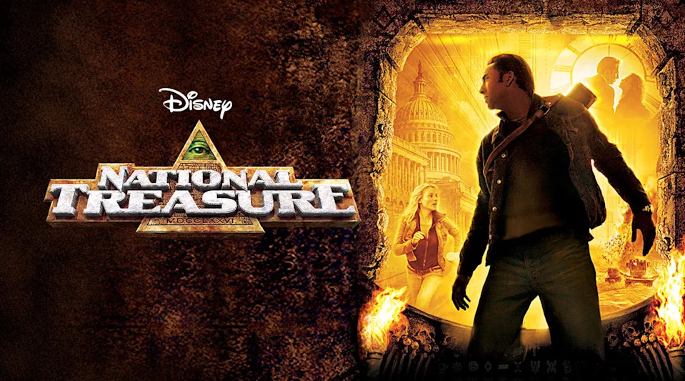 Movie poster for "National Treasure" featuring a man looking into a treasure map with symbols and landmarks in the background