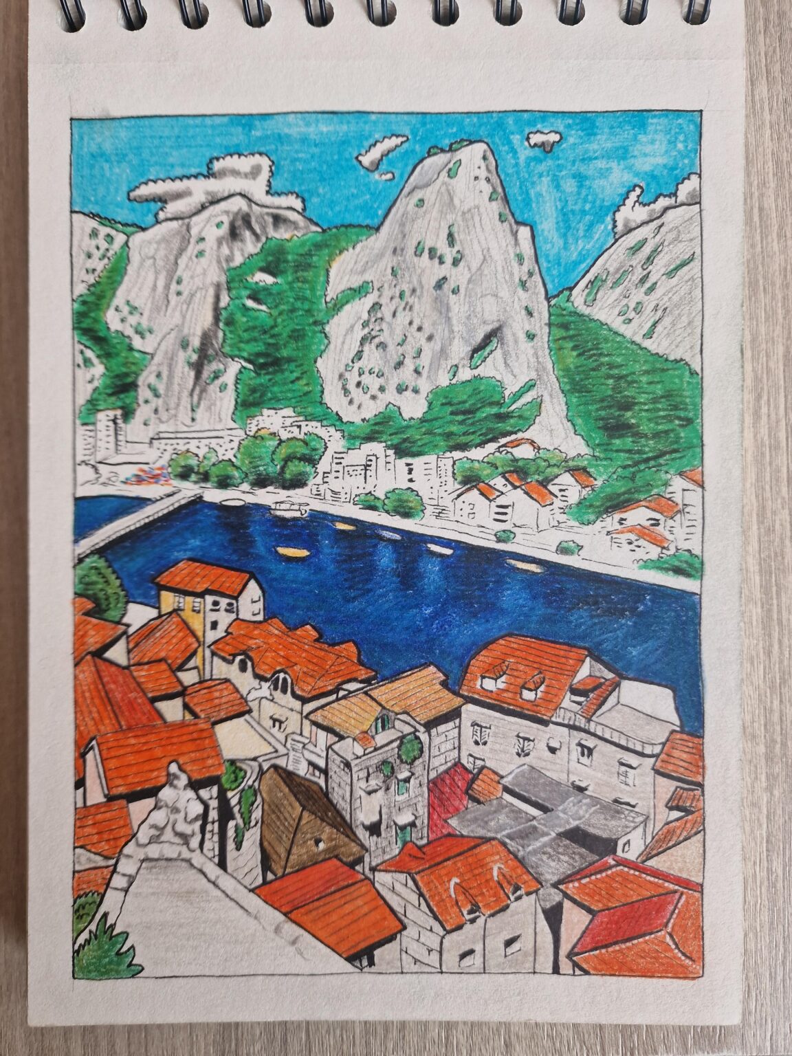 Omiš, fine liner + wooden crayons