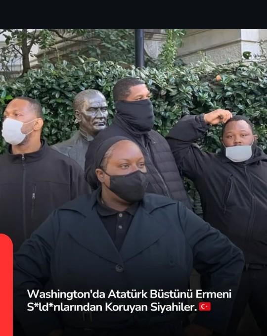 Let's clarify this issue: This famous photo has nothing to do with the explanation given in the text in the image, but it is not because the black friends are Ataturkists; in order to prevent the busts from being damaged and being politically targeted during protests.