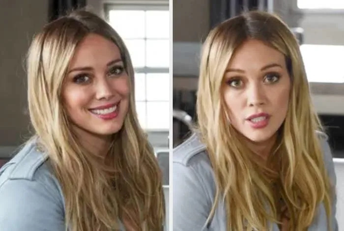 Person with long hair in casual attire indoors, smiling in one image and looking surprised in the other